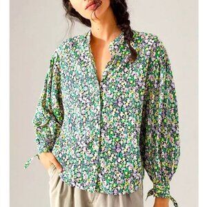 Maeve Anthropologie Petite Floral Button Down Puff Sleeve Blouse Top Shirt